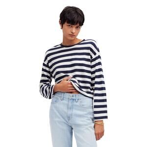 Madewell Navy White Stripe TENCEL Crop Tee Top S Drop Shoulder NWT